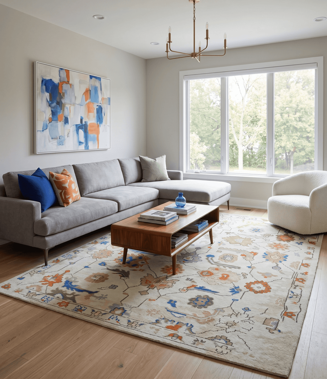 Colorful Ivory, Blue, Orange and Olive Hand Knotted Traditional Oriental Oushak Custom Made wool area Rug - The Rug Decor
