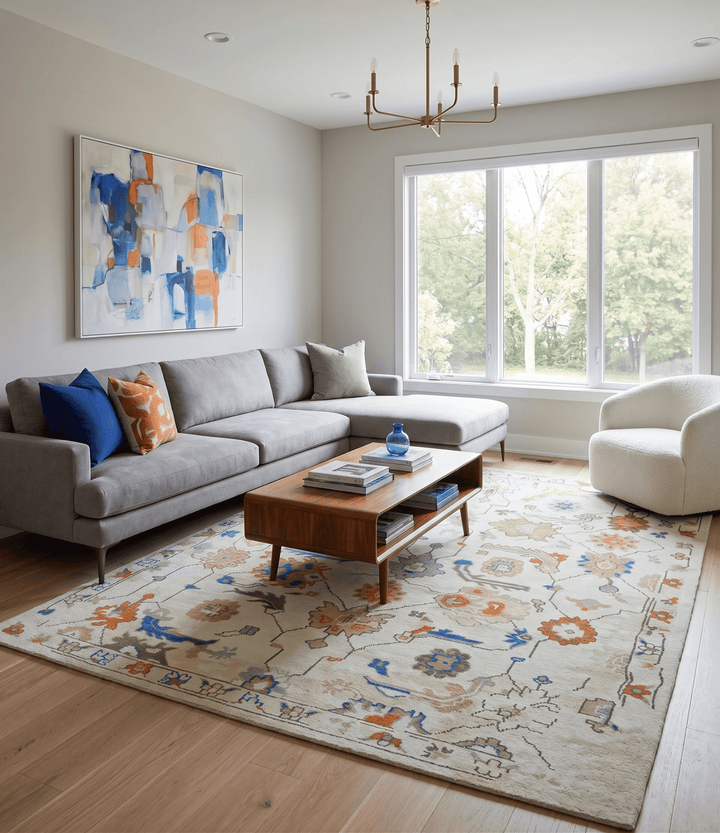 Colorful Ivory, Blue, Orange and Olive Hand Knotted Traditional Oriental Oushak Custom Made wool area Rug - The Rug Decor