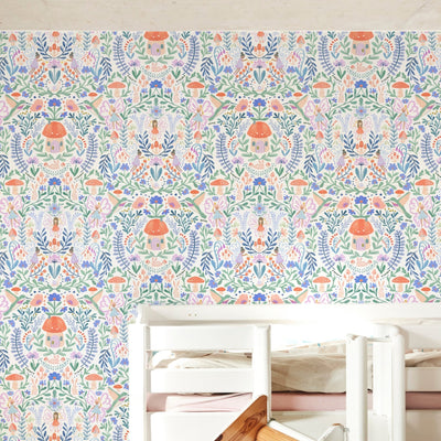 Colorful Ivory, Green, Blue and Peach self - adhesive Whimsical fairyland theme Wallpaper - The Rug Decor