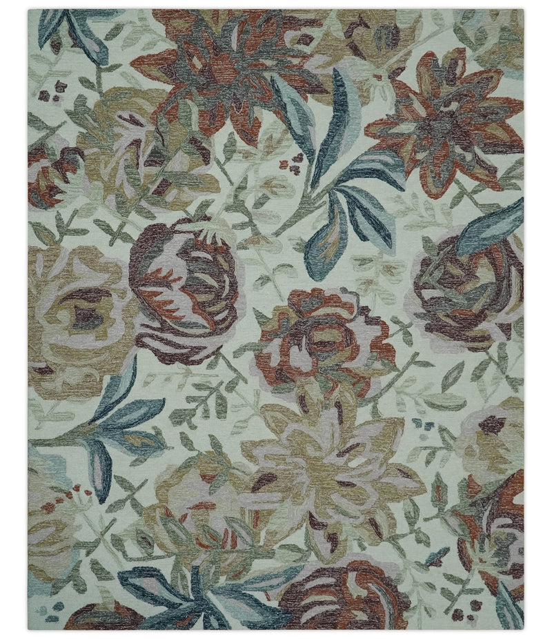 Colorful Ivory, Olive and Brown 8x10 Floral Design Hand Tufted wool Rug - The Rug Decor