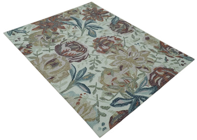 Colorful Ivory, Olive and Brown 8x10 Floral Design Hand Tufted wool Rug - The Rug Decor