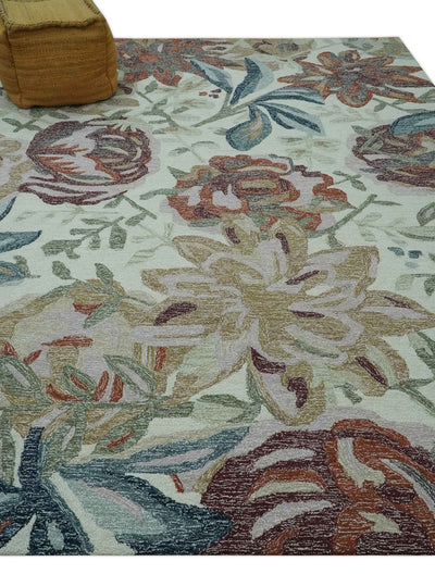 Colorful Ivory, Olive and Brown Floral Design Hand Tufted Custom Made wool Rug - The Rug Decor