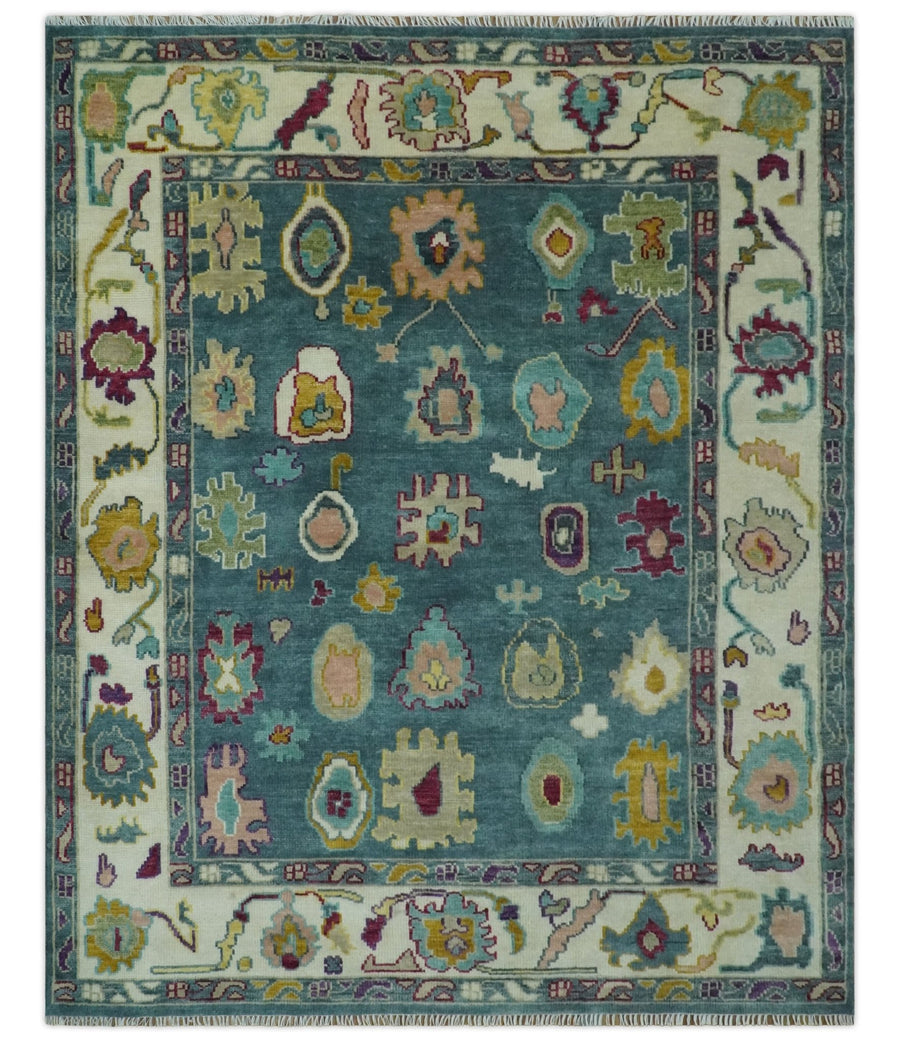 Colorful Teal, Ivory, Purple and Mustard Hand Knotted Traditional Oushak 8x10 wool Area Rug - The Rug Decor
