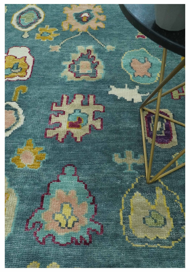 Colorful Teal, Ivory, Purple and Mustard Hand Knotted Traditional Oushak 8x10 wool Area Rug - The Rug Decor
