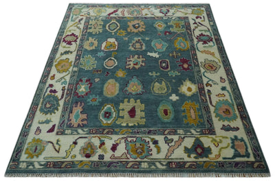 Colorful Teal, Ivory, Purple and Mustard Hand Knotted Traditional Oushak 8x10 wool Area Rug - The Rug Decor