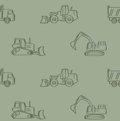 Construction Vehicles self - adhesive Green Wallpaper - Fun Kids' Room Decor - The Rug Decor