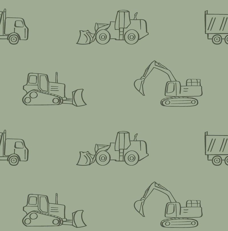 Construction Vehicles self - adhesive Green Wallpaper - Fun Kids&