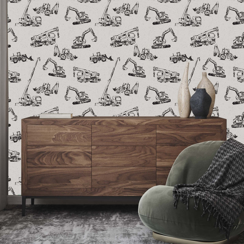 Construction Vehicles self - adhesive Ivory and Black Wallpaper - Fun Kids&