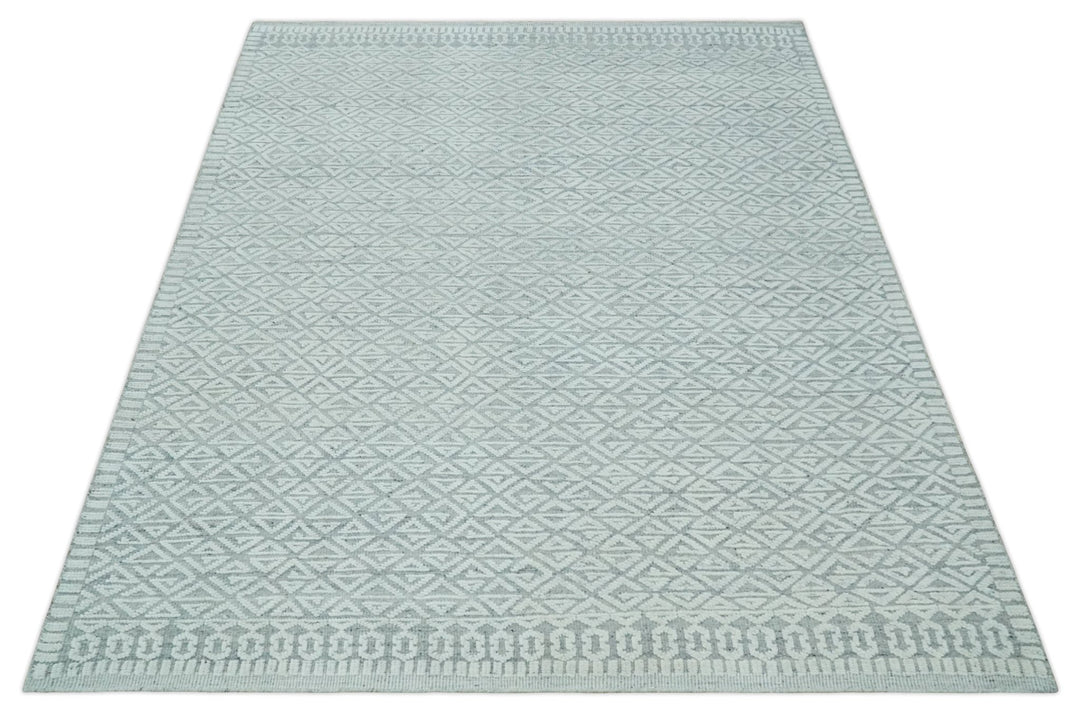 Contemporary 8x10 carved pattern Ivory and Gray hand knotted wool rug - The Rug Decor