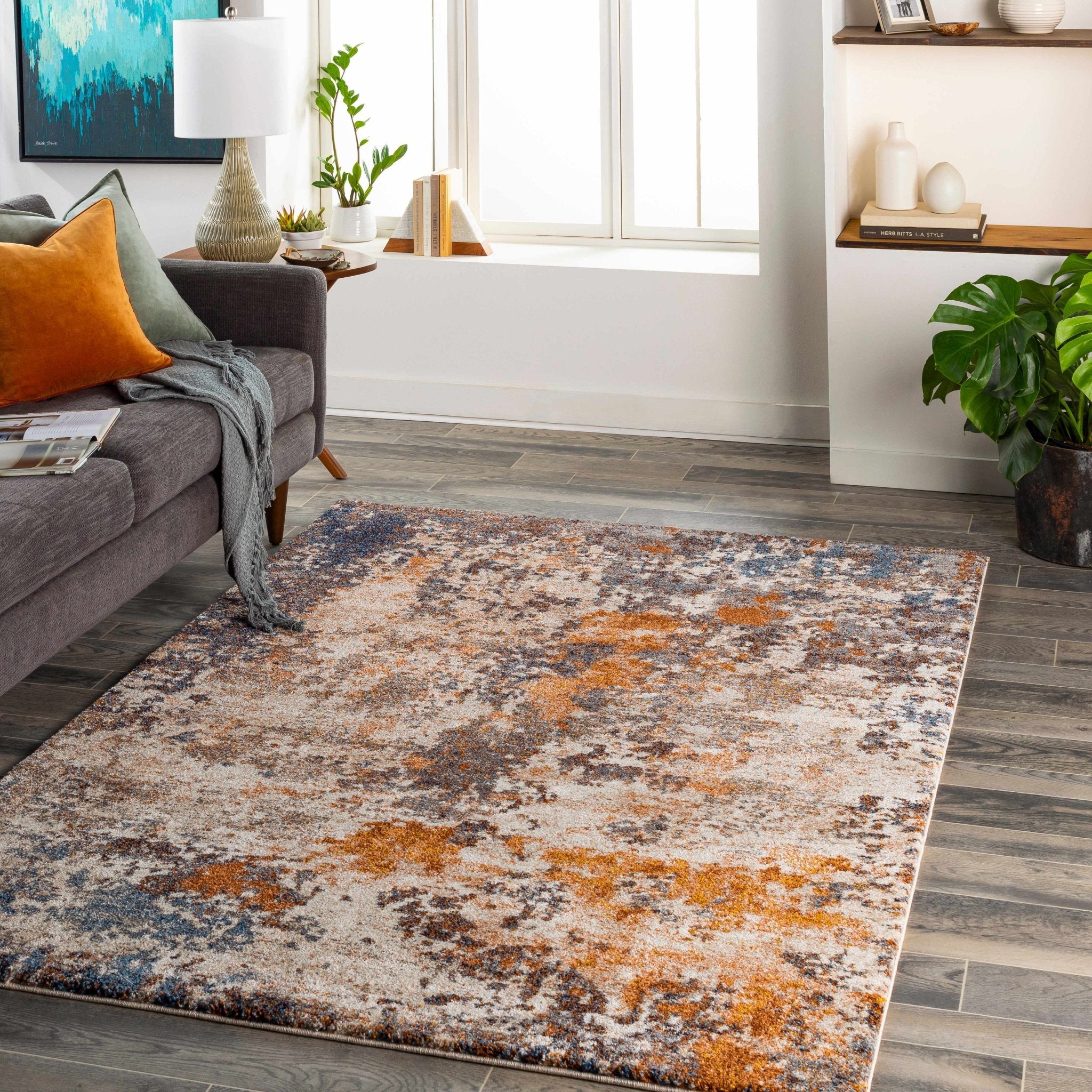 Contemporary Abstract Design Blue And Beige Machine Woven Indoor & Out ...