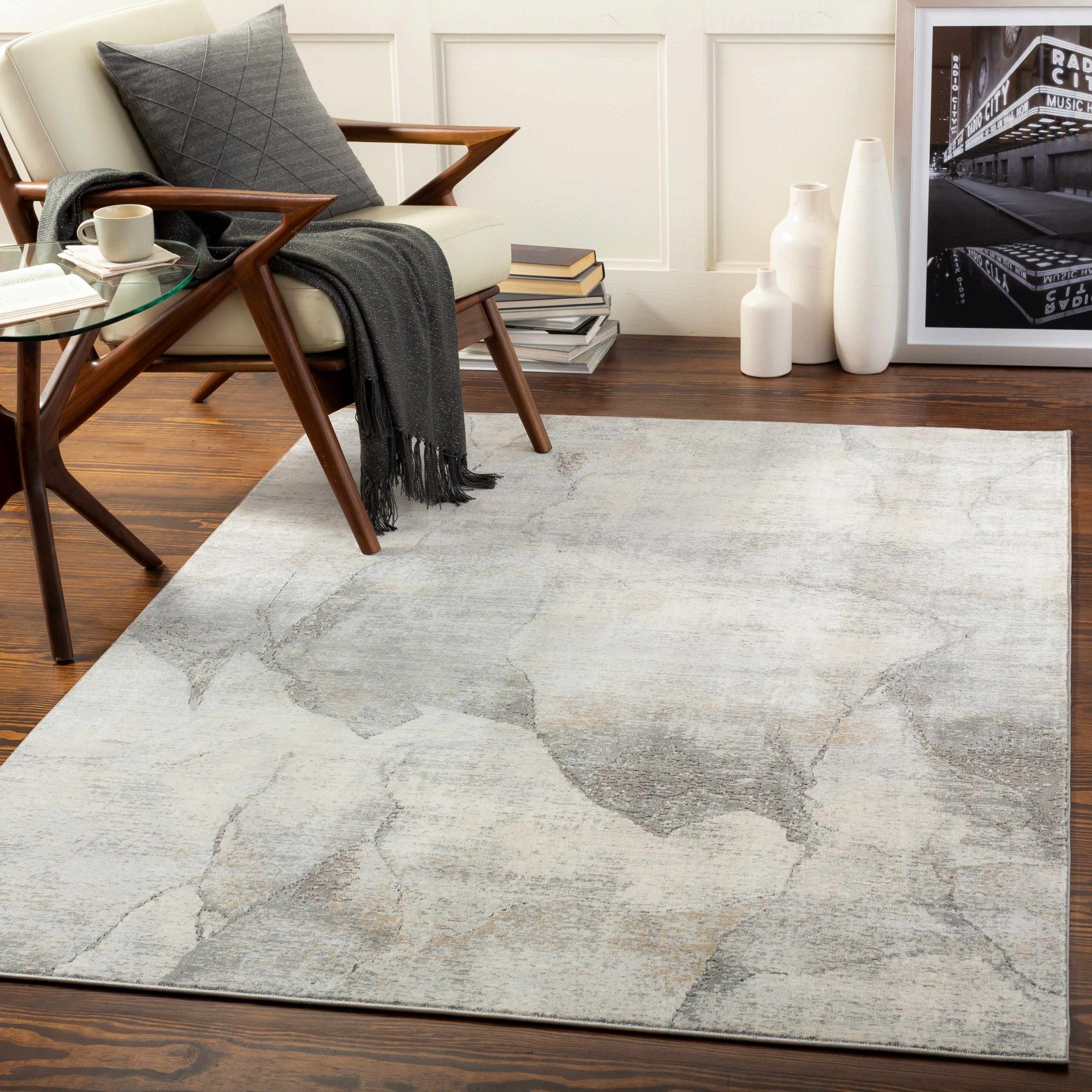 Senter Ivory Machine Rug Contemporary Abstract Gray And Ivory Machine Woven Rug – The Rug Decor