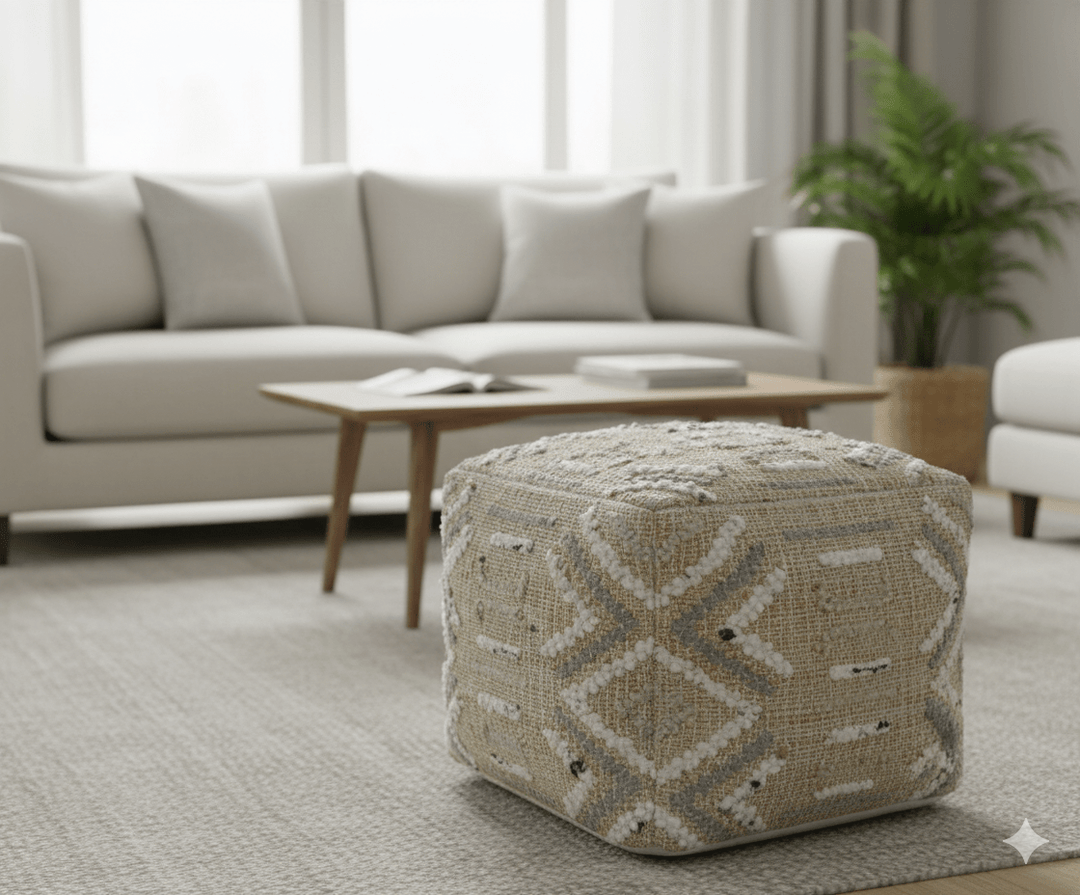 Contemporary Beige, Ivory and Gray Hand Woven Jute and wool Pouf - The Rug Decor