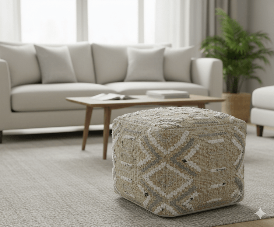 Contemporary Beige, Ivory and Gray Hand Woven Jute and wool Pouf - The Rug Decor