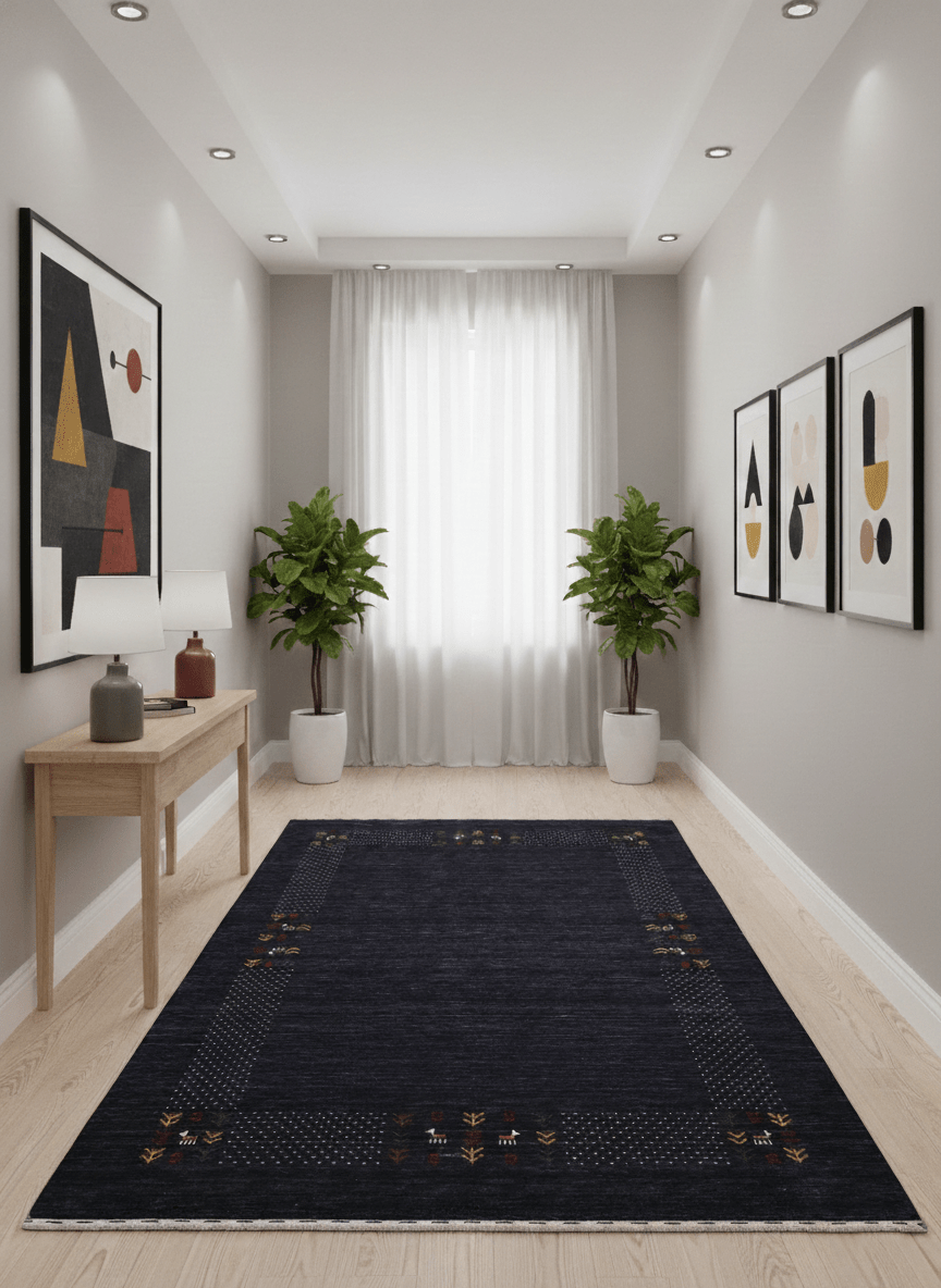 Contemporary Charcoal Gabbeh Border Hand Loomed Wool Area Rug - The Rug Decor