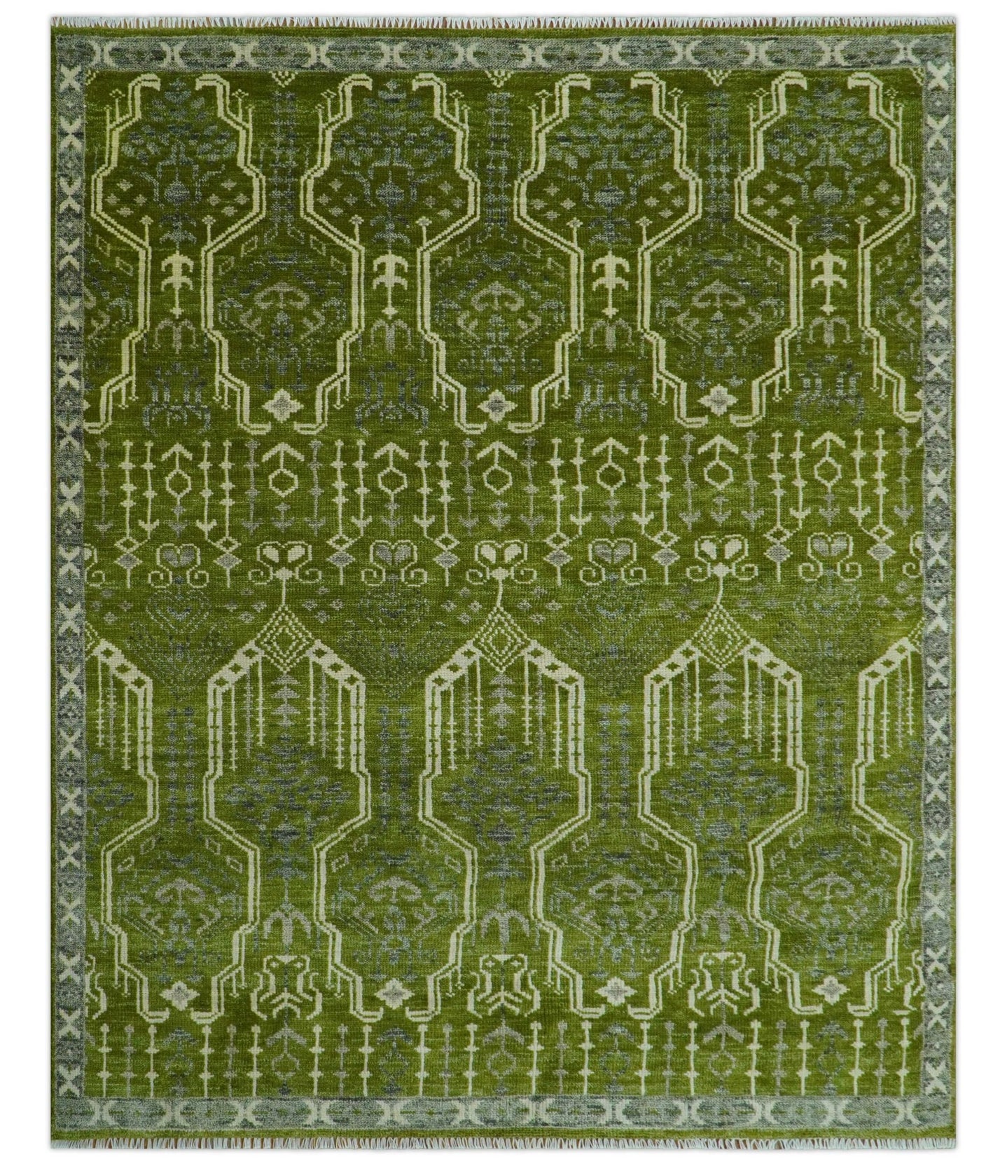 Contemporary Design Green And Beige Hand Knotted 8x10 Wool Area Rug - The Rug Decor