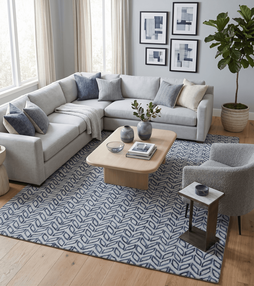 Contemporary Farmhouse Leaf's Hand Tufted Silver and Blue Loop Multi Size Wool Rug - The Rug Decor