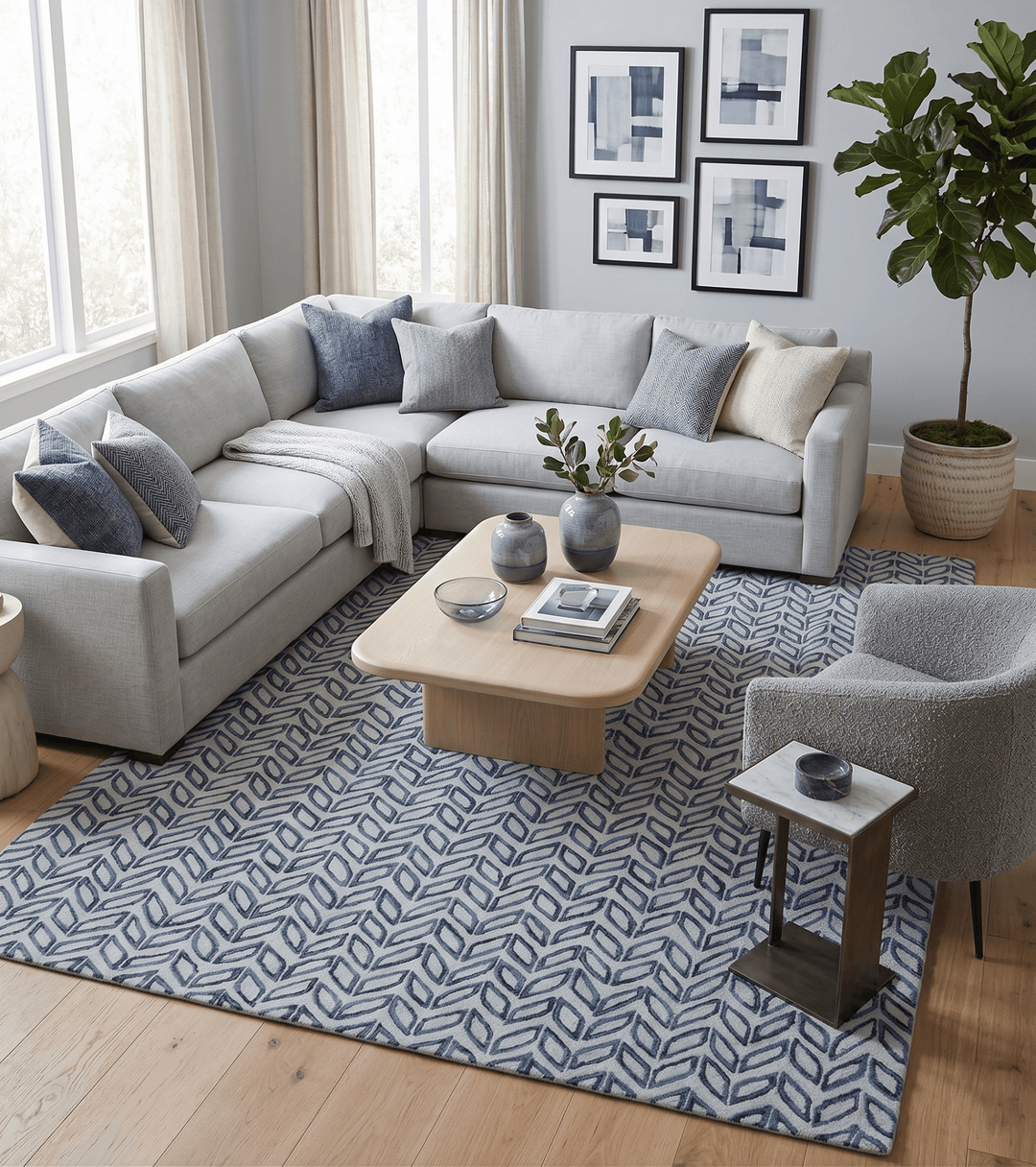 Contemporary Farmhouse Leaf's Hand Tufted Silver and Blue Loop Multi Size Wool Rug - The Rug Decor