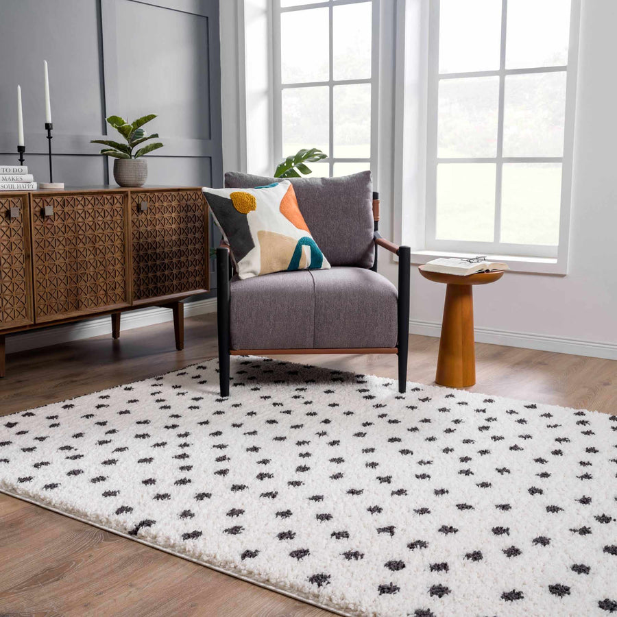 Contemporary Modern Chaia Dotted Black and Ivory Plush Pile Rug - The Rug Decor
