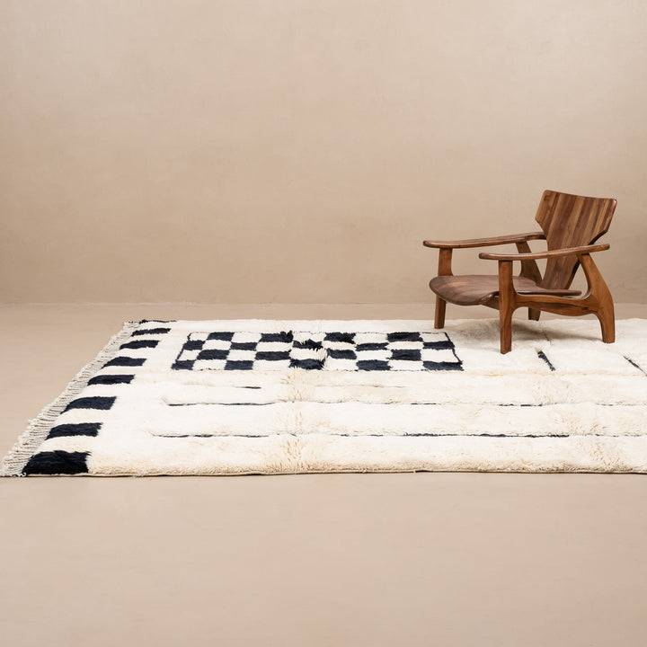 Contemporary Moroccan Black And White Hand Knotted 8x10 Wool Rug - The Rug Decor