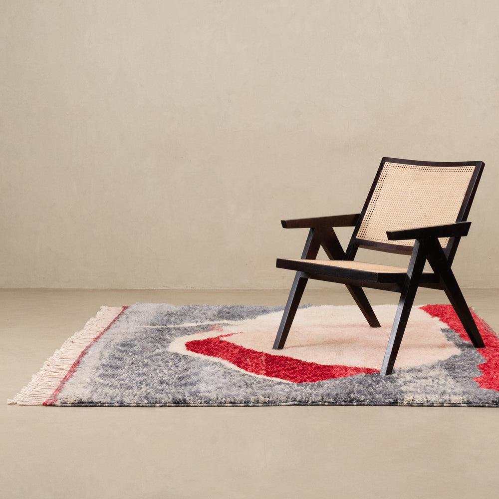 Contemporary Moroccan Gray And Red Hand Knotted 6.6x6.7 Wool Rug - The Rug Decor