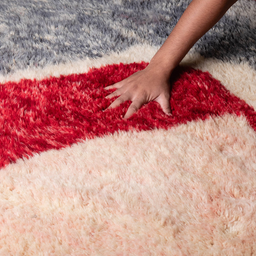 Contemporary Moroccan Gray And Red Hand Knotted 6.6x6.7 Wool Rug - The Rug Decor