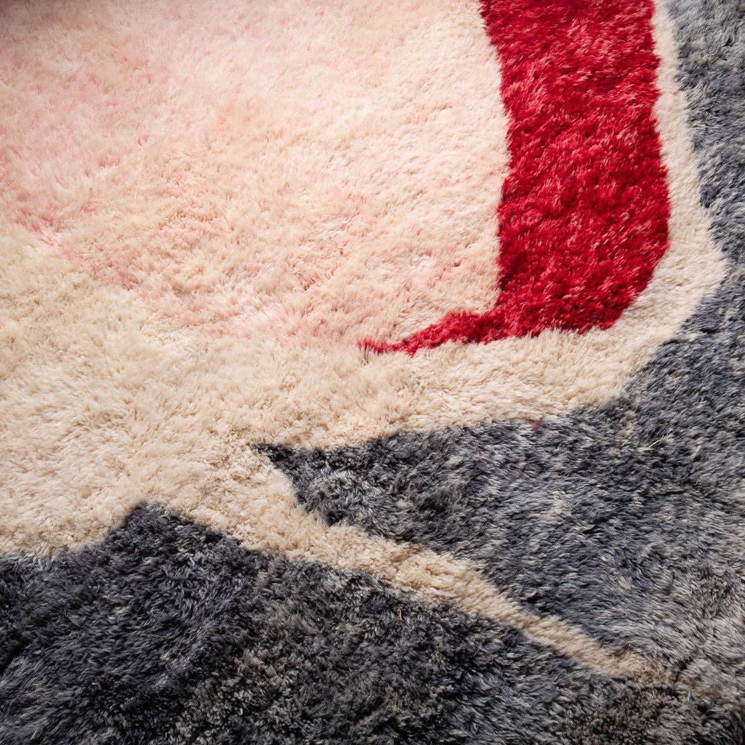 Contemporary Moroccan Gray And Red Hand Knotted 6.6x6.7 Wool Rug - The Rug Decor