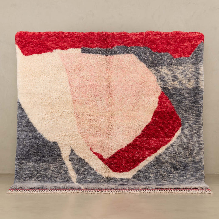 Contemporary Moroccan Gray And Red Hand Knotted 6.6x6.7 Wool Rug - The Rug Decor