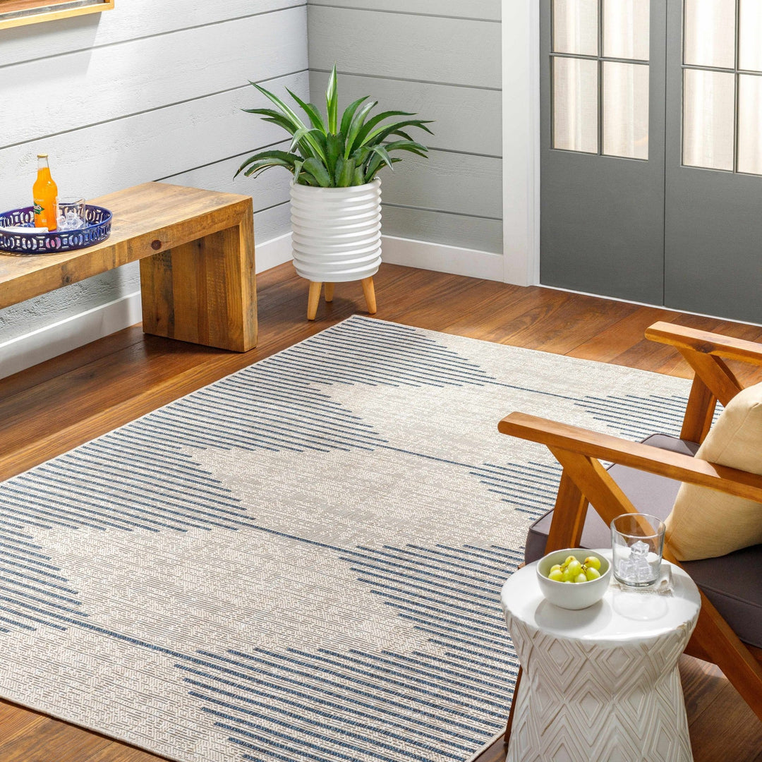 Contemporary Stephan Design Blue And Gray Machine Woven Outdoor Rug - The Rug Decor