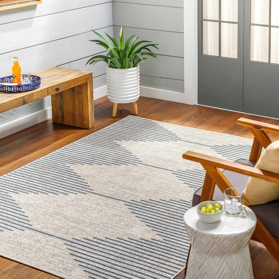 Contemporary Stephan Design Blue And Gray Machine Woven Outdoor Rug - The Rug Decor