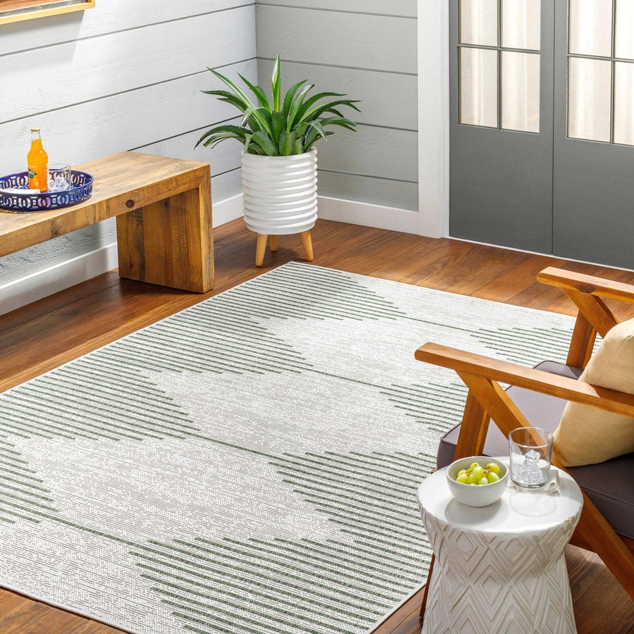 Contemporary Stephan Pattern Green And Gray Machine Woven Outdoor Rug - The Rug Decor