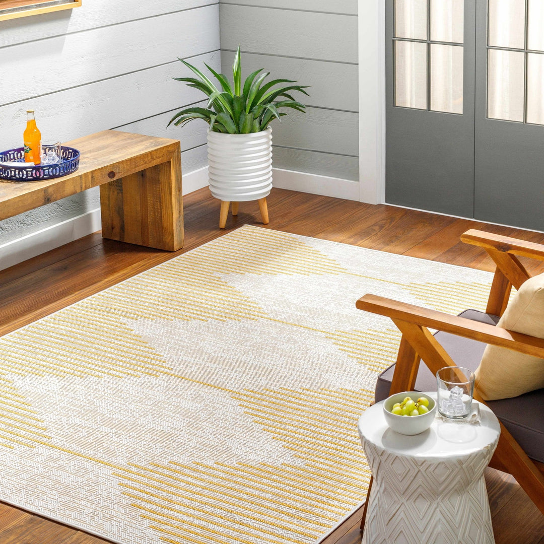 Contemporary Stephan Pattern Yellow And Beige Machine Woven Outdoor Rug - The Rug Decor