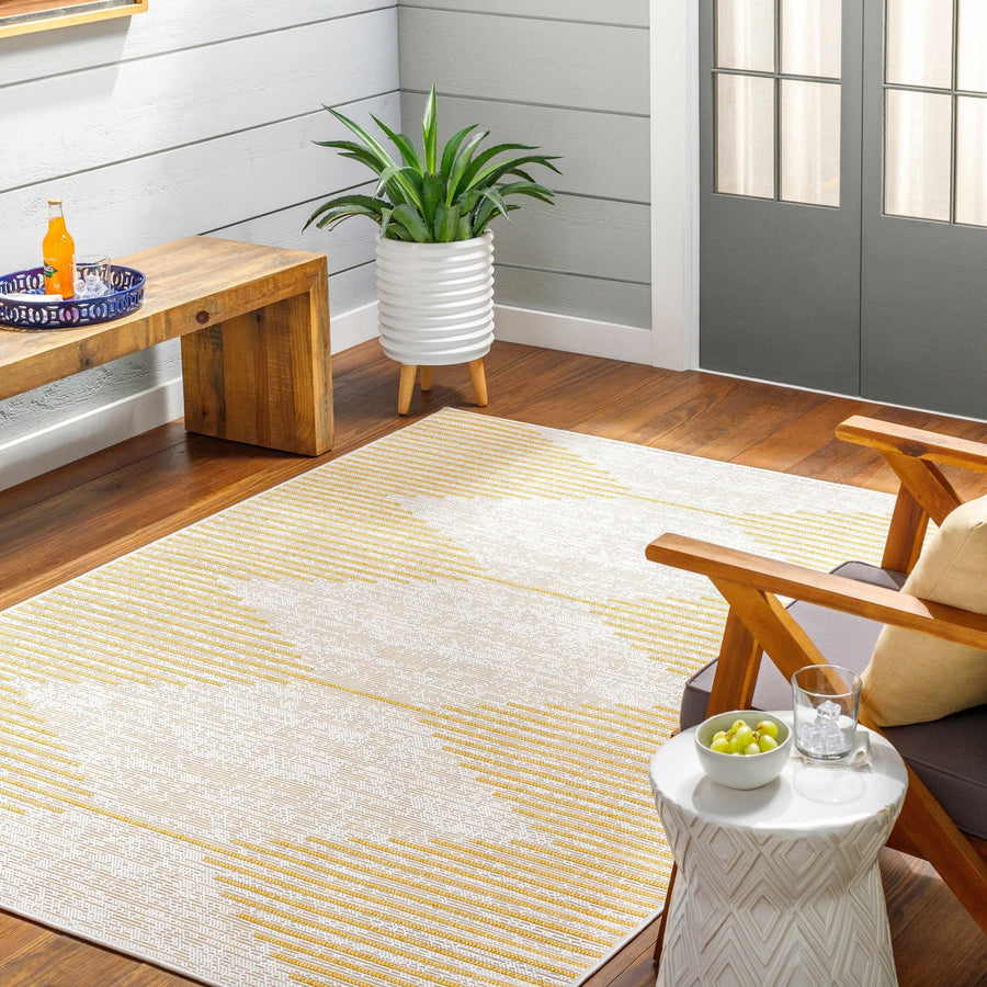 Contemporary Stephan Pattern Yellow And Beige Machine Woven Outdoor Rug - The Rug Decor