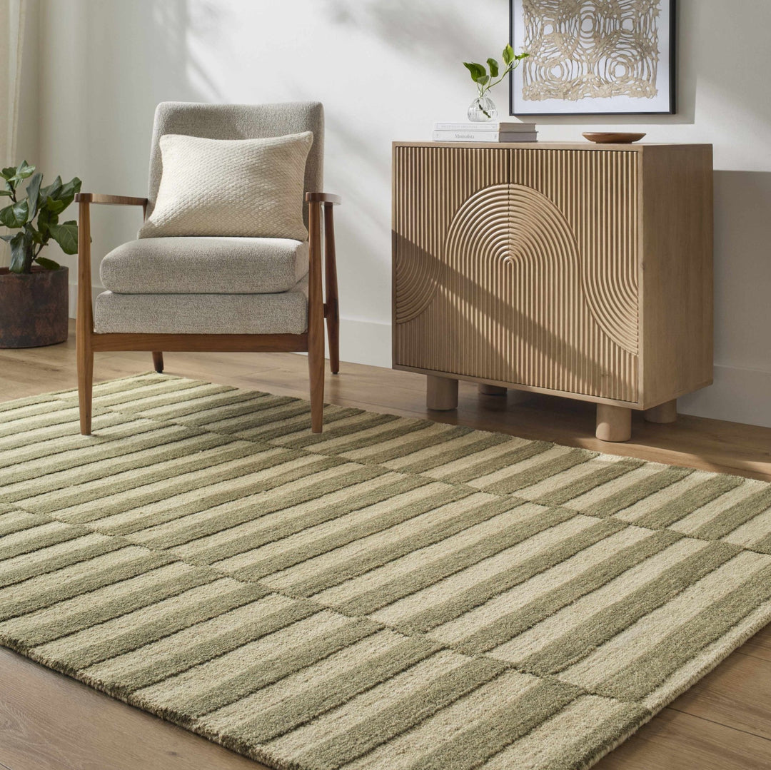 Contemporary Striped Pattern Olive And Beige Hand Tufted Wool Area Rug - The Rug Decor
