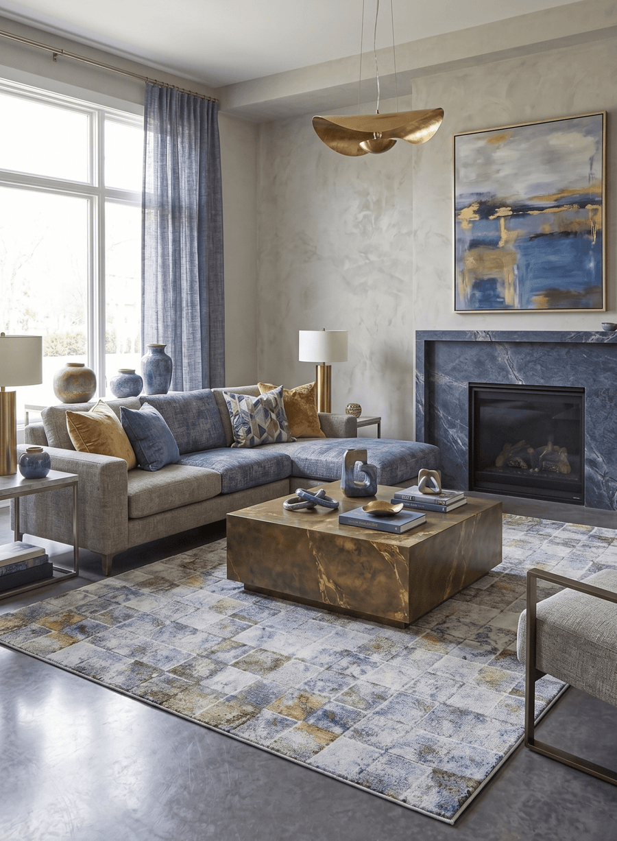 Contemporary Style Blue And Gold Hand Knotted Bamboo Silk 8x10 Area Rug - The Rug Decor