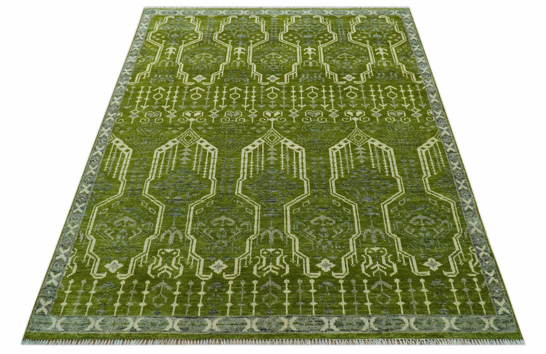 Contemporary Traditional Design Green And Beige Hand Knotted Custom Made Wool Rug - The Rug Decor