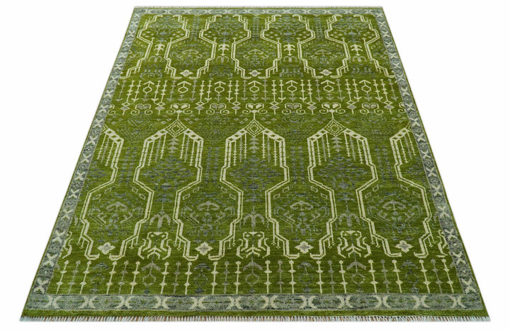 Contemporary Traditional Design Green And Beige Hand Knotted Custom Made Wool Rug - The Rug Decor