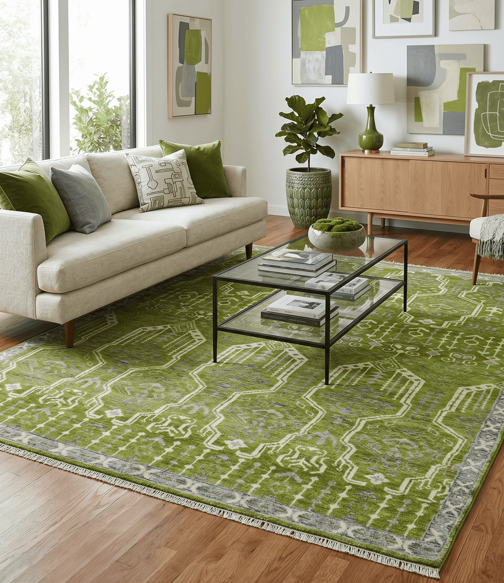 Contemporary Traditional Design Green And Beige Hand Knotted Custom Made Wool Rug - The Rug Decor
