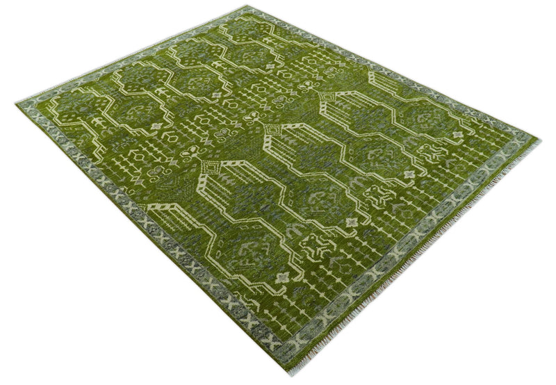 Contemporary Traditional Design Green And Beige Hand Knotted Custom Made Wool Rug - The Rug Decor