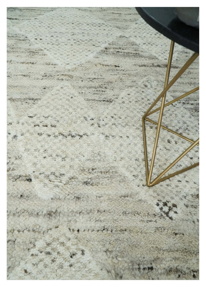 Contemporary Woolen Ivory and Brown 8.4x10.5 hand knotted Geometrical Area rug - The Rug Decor