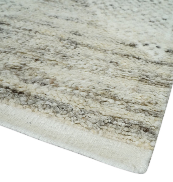 Contemporary Woolen Ivory and Brown 8.4x10.5 hand knotted Geometrical Area rug - The Rug Decor