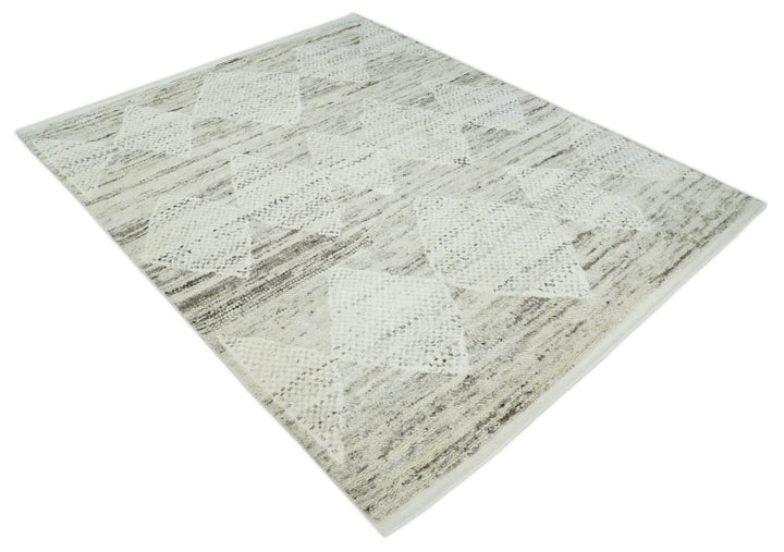 Contemporary Woolen Ivory and Brown 8.4x10.5 hand knotted Geometrical Area rug - The Rug Decor