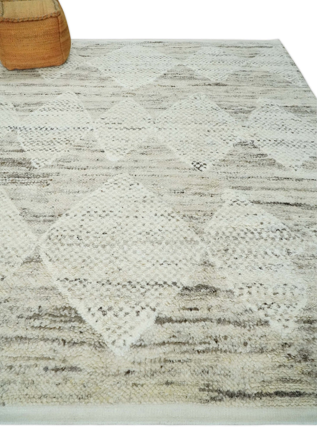 Contemporary Woolen Ivory and Brown 8.4x10.5 hand knotted Geometrical Area rug - The Rug Decor