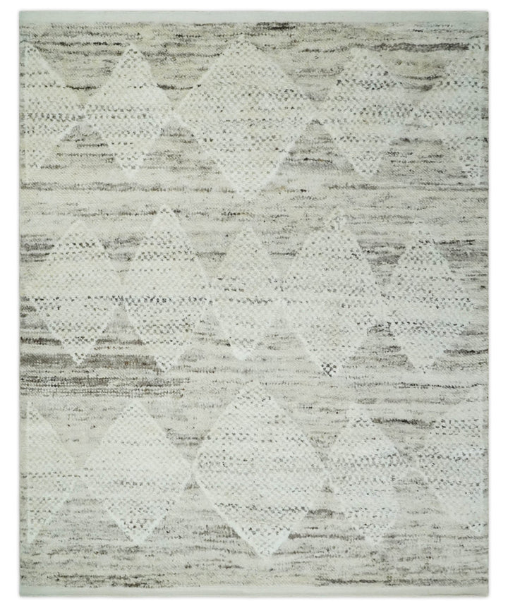 Contemporary Woolen Ivory and Brown 8.4x10.5 hand knotted Geometrical Area rug - The Rug Decor
