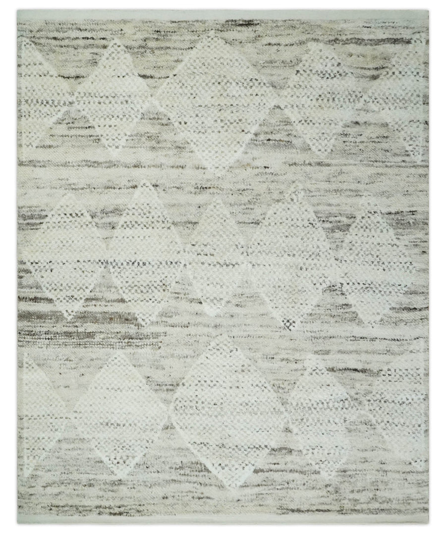 Contemporary Woolen Ivory and Brown 8.4x10.5 hand knotted Geometrical Area rug - The Rug Decor