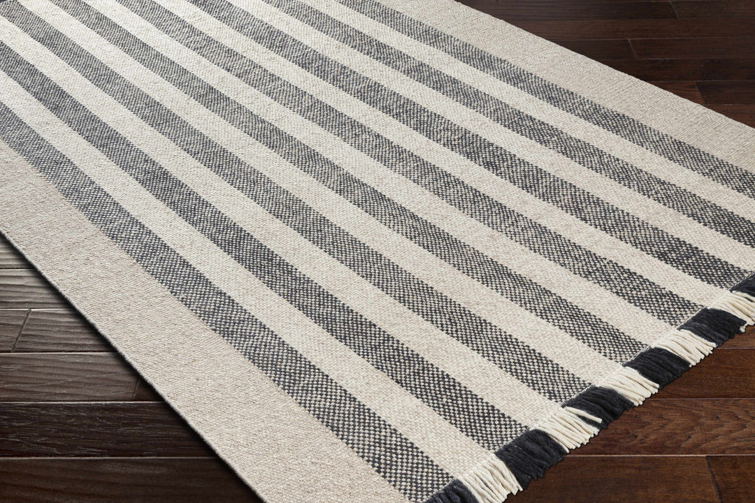 Contrecoeur Ivory And Black Modern Stripes Design Hand Woven Area Rug