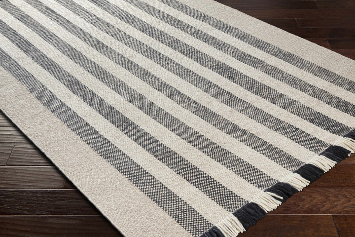 Contrecoeur Ivory And Black Modern Stripes Design Hand Woven Area Rug