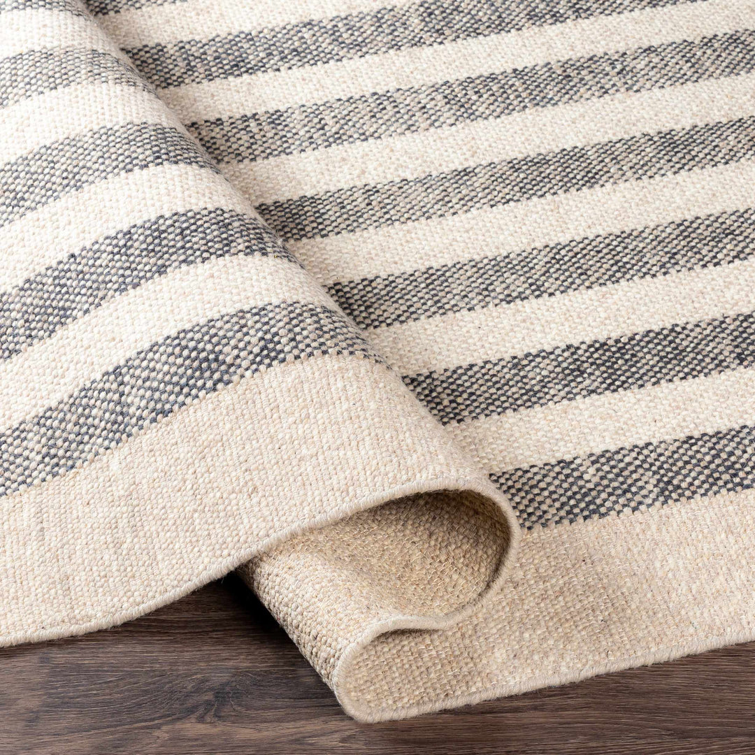Contrecoeur Ivory And Black Modern Stripes Design Hand Woven Area Rug