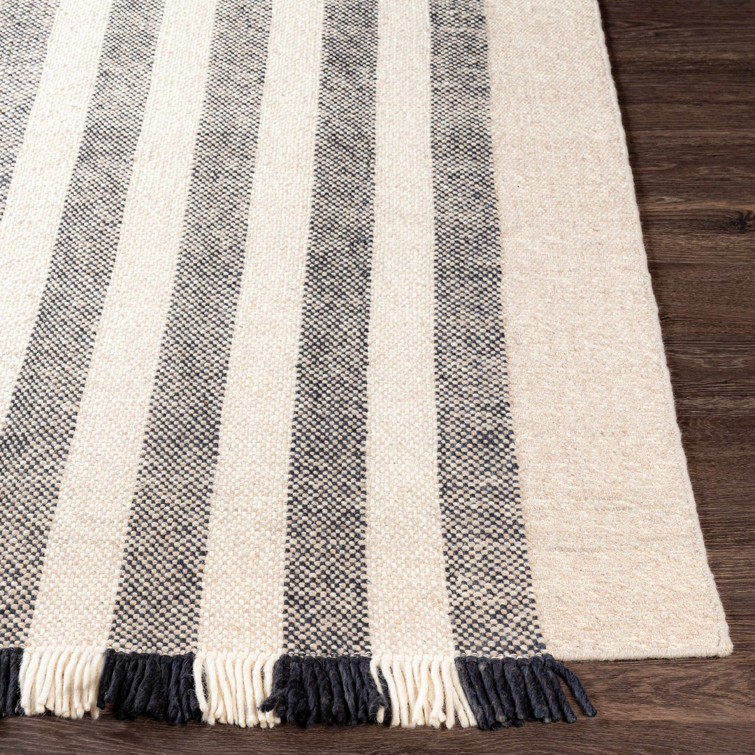 Contrecoeur Ivory And Black Modern Stripes Design Hand Woven Area Rug