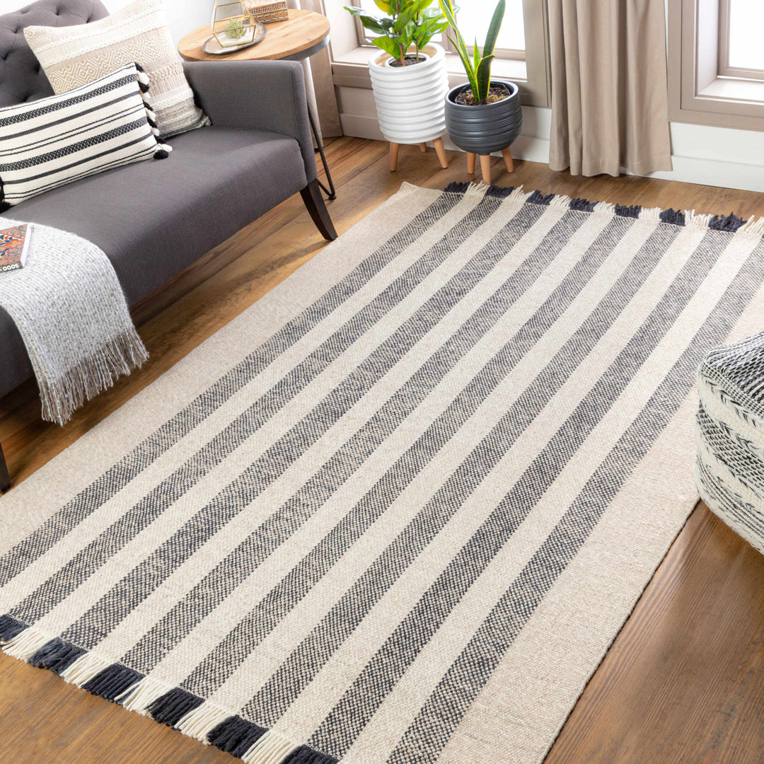 Contrecoeur Ivory And Black Modern Stripes Design Hand Woven Area Rug