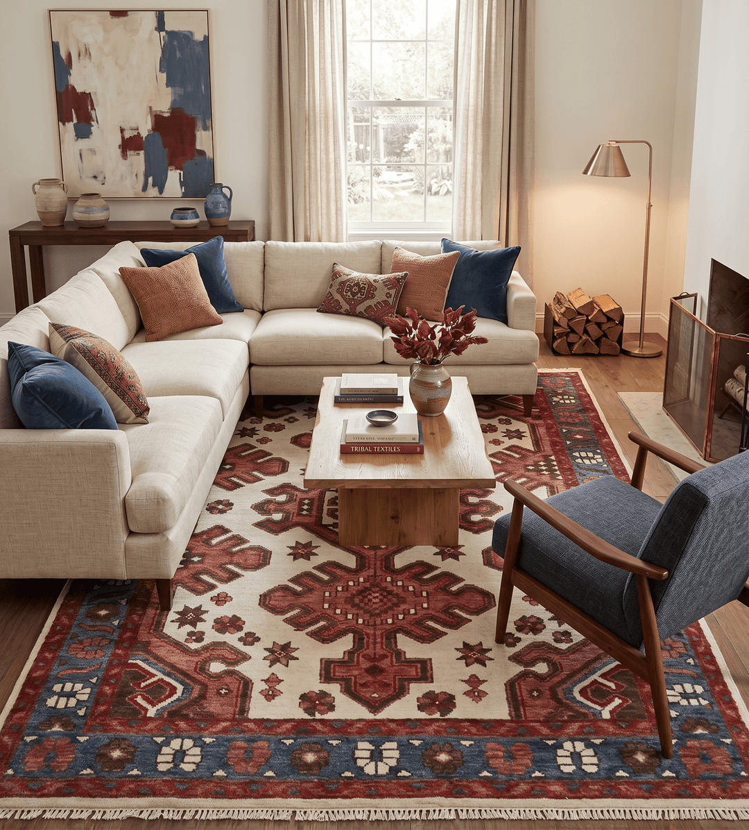 Coral Rust and Ivory Hand Knotted Traditional Heriz Serapi Wool area Rug - The Rug Decor